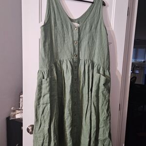 notPERFECTLINEN Sage Green Button-Front Linen Midi Dress